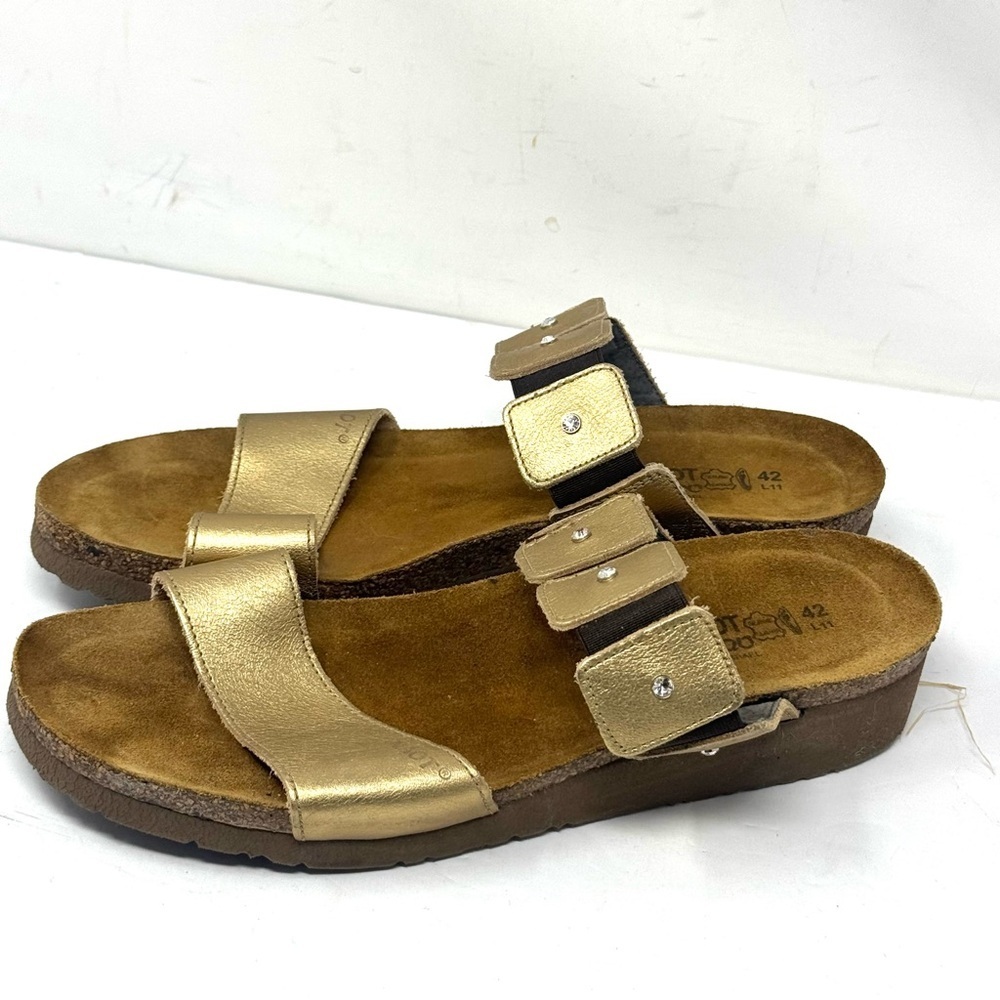 Naot Ashley Gold Leather Slide Sandal Low Wedge Cork Shoe